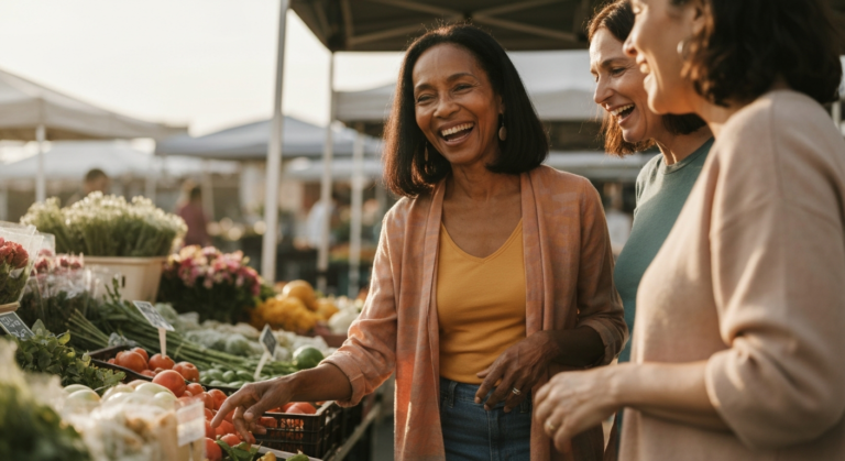 Woman with dark-brown skin at a colourful outdoor market with a friend, laughing — illustrating menopause sleep and wellbeing
