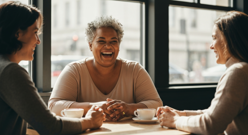 A plus-size woman in her late 40s with short silver-grey hair and medium brown skin laughing with friends at a café — menopause and sleep fatigue